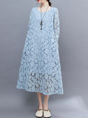 2023 spring and summer new fashion temperament elegant literary lace loose all-match thin long-sleeved hollow dress for women