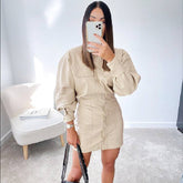 Mnealways18 Streetwear PU Leather Dress Women Casual Single Breasted Cream Bodycon Vintage Dress Ladies Long Sleeve Mini Dresses