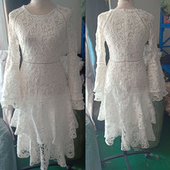 European and American women's round neck flared sleeves midi skirt hollow lace cake dress