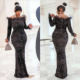 European and American African women's dress velvet sequins and ostrich feather one-neck long-sleeved dress