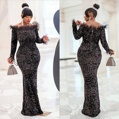European and American African women's dress velvet sequins and ostrich feather one-neck long-sleeved dress