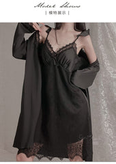 New Women Sexy Nightgown Satin Lace Nightdress Robe V-neck Flounce Straps Thin Sleepwear Female Pijamas Lounge Set Bath Robe