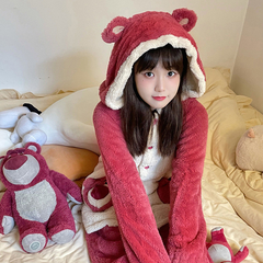 Plush strawberry bear pajamas for women new autumn and winter thickened plus velvet couple hooded cardigan home wear set