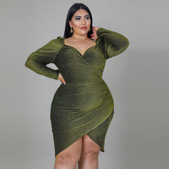 European and American plus size women's V-neck irregular short skirt slim sexy slim evening dress dress