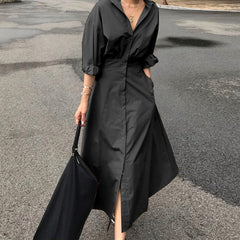 ZANZEA ladies Japanese and Korean art style solid color simple lady and ankle skirt lapel long sleeve waist waist design shirt skirt fashion trend elegant long skirt spring and autumn daily leisure vacation style A-line shirt dress large size