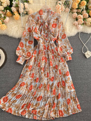 فستان بوهو نسائي عتيق للربيع والخريف بأكمام طويلة مزين بفيونكة فستان نسائي أنيق بطبعة زهور رداء بدون أكمام