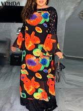 VONDA Elegant Dresses For Women 2022 Random Printed O Neck Long Flared Sleeve Lace A-Line Bohemian Party Casual Summer Plus Size Long Dresses