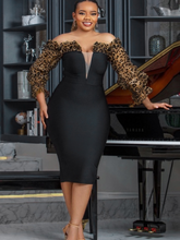 Sexy Off Shoulder Black Dress Deep V Neck Leopard Print Tulle Sleeve Midi Bodycon Robe Elegant Cocktail Evening Party Spring New