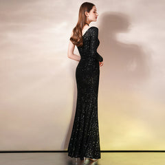 Ladies long one-shoulder sequin evening dress fashion sexy split party dress slim mermaid dress