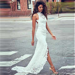 Round neck lace sleeveless dress long skirt European and American new slim mopping dress