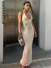 BOOFEENAA عطلة فستان صيفي المرأة 2023 أنيق مثير محبوك فيستدو الجانب قطع عارية الذراعين هالتي طويل ماكسي فساتين C82-EZ28