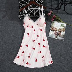 Print Sweetheart Spaghetti Strap Nightdress Sexy Side Splite Nightgown Sweet Bow Lace Trim Sleepwear Satin Casual Sleep Shirt