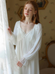Women Ladies Spring Sleepwear Long Sleeve Cotton Victorian Nightgowns Pajamas Ruffles V-Neck Vintage Nightdress