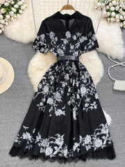 High-end light luxury temperament short-sleeved V-neck waist slimming lace stitching printed A-line dress elegant long skirt