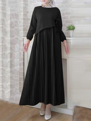 ZANZEA Women Muslim Dresses Abaya Kaftan Solid O-Neck Long Sleeve Lace-Up Pleated Design Mid-Calf Length Dress Fashion Casual Loose Ladies Vestido