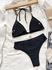 Sexy bikini European and American women's new ins style hot style solid color strapless navel hollow hanging neck strap camisole briefs seaside vacati