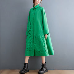 Autumn new fashion literary temperament dress loose Polo collar hole design shirt dress women