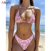 Sexy Push Up Swimsuits Women Lace Neck String Bikinis Set Summer Beachwear Female Bathing Suits Backless Biquini Swimwear