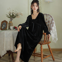 Velvet Nightgown Women Winter Retro Court Style Long Night Dress Victorian Vintage Sleepwear Robe Warm gold velvet pajamas HomeWear