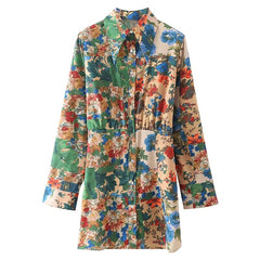 فساتين نسائية بوهو مطبوعة بالزهور فساتين صغيرة واحدة الصدر بأكمام طويلة فستان على شكل حرف A للسيدات فستان بياقة مقلوبة غير رسمي