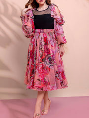 Red Chiffon Print Paneled Waist Dress