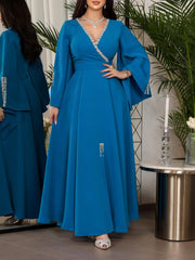 Blue Elegant Trumpet Sleeve V-Neck Diamond Inlaid Waist Dress
