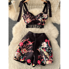 Spring and summer new women's retro court style printing suit women's strappy fringed suspender top + waist wide-leg shorts two-piece set 7.29