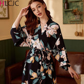 New Sleepwear Robe Spring Thin Cotton-silk Women Nightgown Flower Printed Long-sleeve Pajamas Bathrobe for Female Dressing Gown