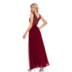 European and American women's double V-neck sleeveless sequined chiffon floor-to-ceiling A-line fully lined plus-size evening dress party dress
