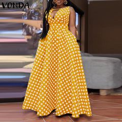 VONDA Elegant Dresses For Women 2022 Sexy Polka Dot Printed V-Neck Sleeveless A-Line Dresses Bohemian Party Vestidos Summer Plus Size Long Dresses