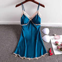 Summer new sexy ice silk suspenders nightdress with chest pad pajamas ladies silk home clothes Korean version girlfriends
