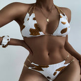 Milk Cow Two Piece Swimwear Womens 2Pcs Bikini Suit Split Deep V neck Iron Chain Halter Tops with Side Hollowed e Bottoms