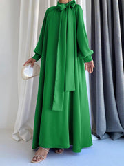 ZANZEA Fashion Bow Tie Neck Baggy Dresses Women Casual Puff Sleeve Solid Color Oversize Maxi Dress Elegant Party Long Robe