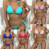 Ladies split solid color sapphire crystal chain triangle gathered sexy tether backless European and American style bikini