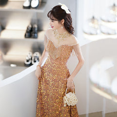 New sequined evening dress skirt women temperament long section tassel one-shoulder host annual meeting banquet toast dress flash