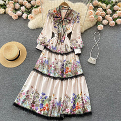 فستان زهري أنيق برباط وعقدة على شكل فيونكة، فستان طويل من الدانتيل