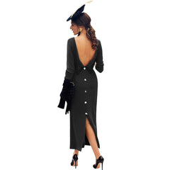 European and American spring simple halter V-neck split retro elegant evening dress with contrasting buttons slim dress Hot Sale spot goods Fashion