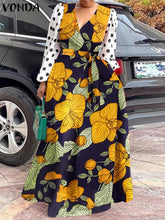 فوندا نساء بوهو خمر الزهور موجة نقطة مطبوعة ماكسي فساتين طويلة Sping الخريف عادية فضفاض الخامس الرقبة نفخة الأكمام المرقعة ألف خط فساتين حجم كبير