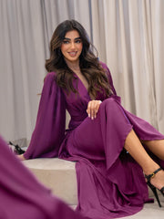 Purple deep v waist press pleated gown dress