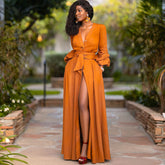 Autumn and winter new women's popular deep V long sleeve waist solid color cardigan dress long skirt Fashion High Quality