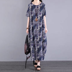 Real shot 2023 summer large size loose dress new retro color printing round neck mid-length short-sleeved cotton and linen dress women