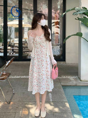 Sweet floral strap dress women casual boho beach style 2 piece dress set party office lady korean clothing 2022 Summer