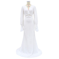 European and American new evening dress sexy long-sleeved wedding dress solid color temperament dress evening dress