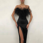 New spring and summer European and American women's suspender feather dress banquet slim temperament slim wrap arm dress