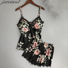 Jerrinut النساء ملابس خاصة بيجامة من الحرير مجموعة قمصان النوم الملابس الداخلية الصيف الحرير الساتان الدانتيل أكمام ملابس المنزل مع وسادة الصدر