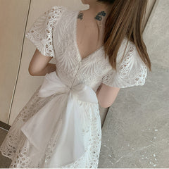 PAR Lace Bridesmaid water soluble lace puff sleeve waist dress