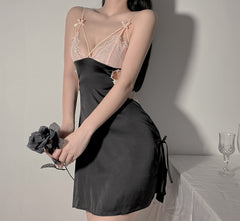 QWEEK Sexy Exotic Night Dress Women Silk Sleepwear Lace Patchwork Nightgown Summer 2021 Nightwear Dressing Gown Ladies