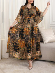 Yellow Vintage Print Chiffon Tie Dress