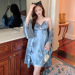 Ladies pajamas plant printing three-piece suspenders + trousers + nightgown