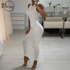 Inwoman Ribbed Knitted Summer Black White Maxi Dress Women 2021 Party Bodycon Long Dress Sundress Ladies Brown Wrap Dresses